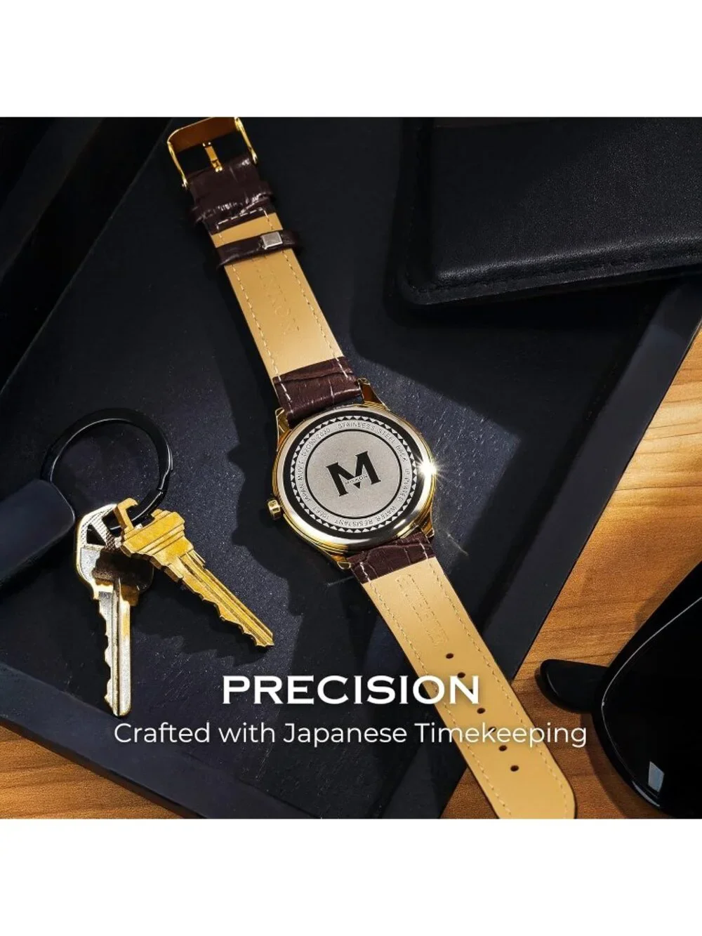 Men's Brown And White Analog Leather Strap Ultra-Thin Waterproof Classic Watch